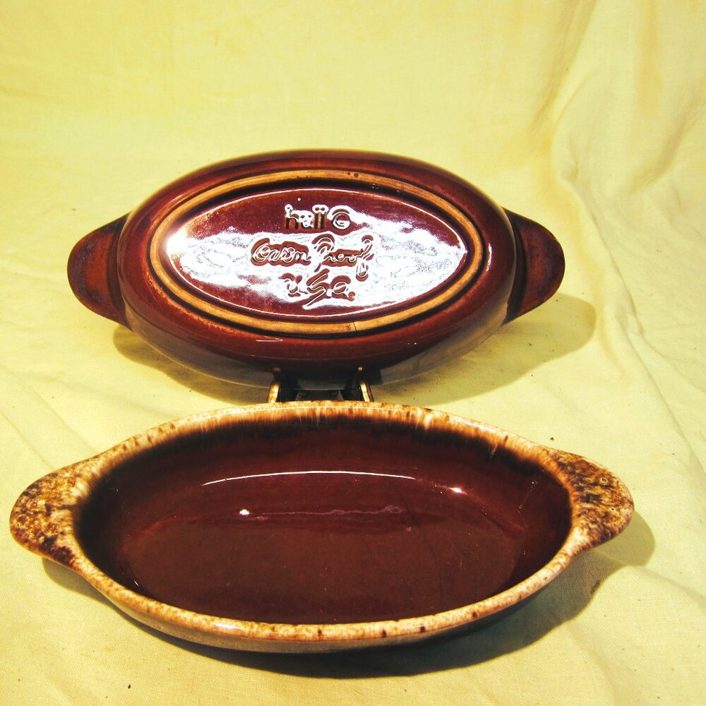 2 VTG HULL OVENPROOF USA OVAL STONEWARE DRIP GLAZE BAKING DISHES